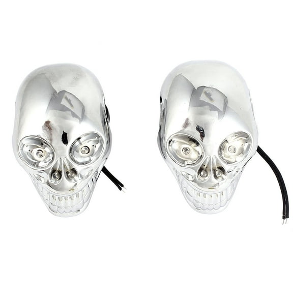 Unique Bargains 2 Pcs LED Motorcycle Side Signal Light Yellow Silver Tone Skull Shape Plastic