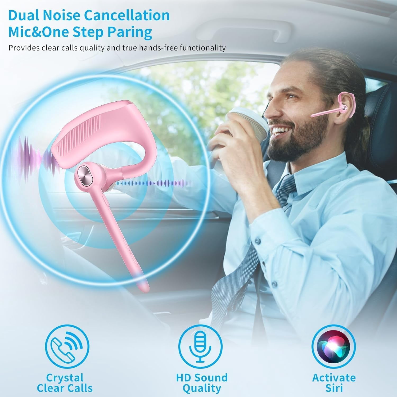 Single Ear Bluetooth Headset, 180H Playtime, 1000mAh Wireless Charging Case, LED Display, Handsfree Mic for Cellphone PC, Trucker Work Game