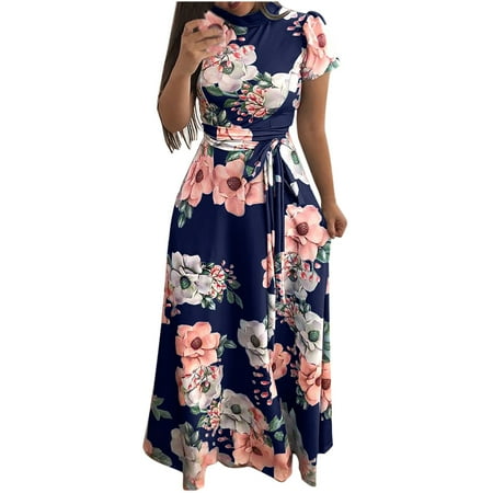 

Pntutb Dresses for Women Clearance Summer Floral Print Short Sleeve Turleneck Bandage Dress