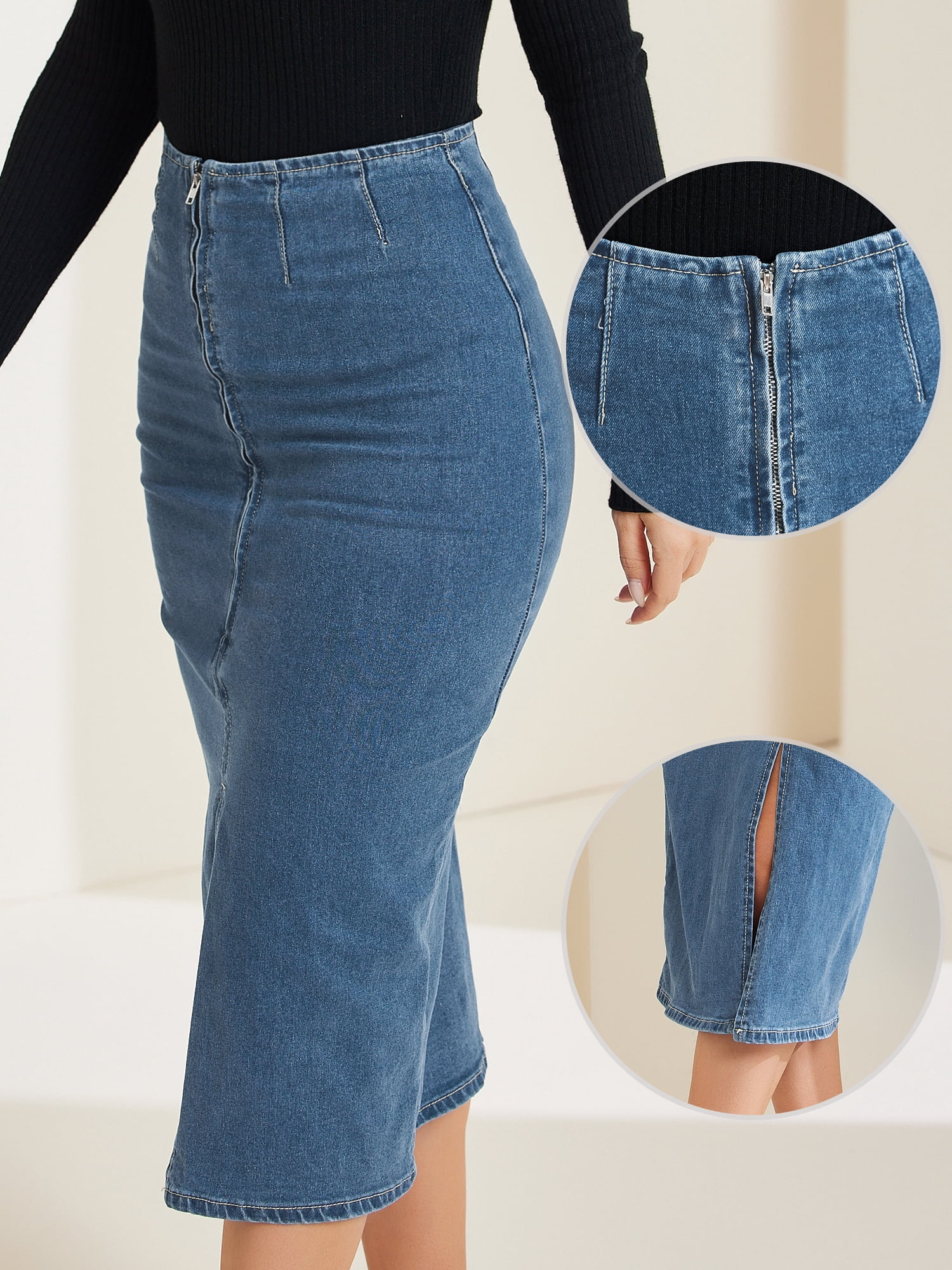 DARING DIVA Women's Denim Front Slit Zipper Bodycon Midi Jean Skirt L Blue