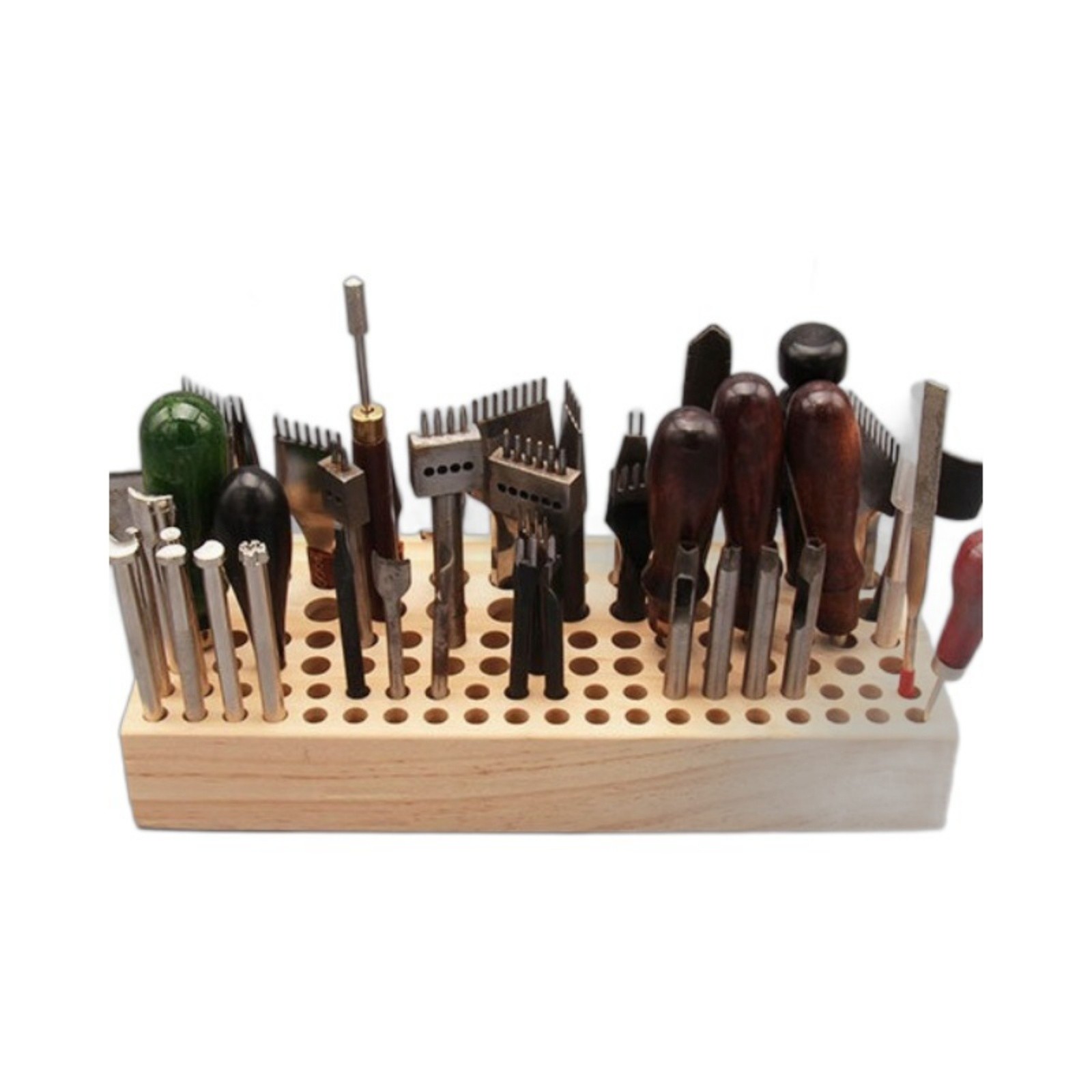 46 / 98-Hole Pine Wood Leather Tool Holder Rack – Wooden Stamp & Punch Organizer Stand for Leathercraft, Chisels, Awls, and DIY Workshops