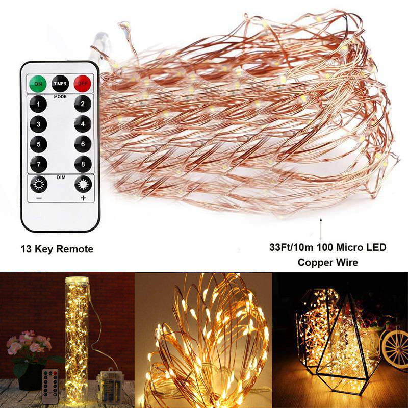 LED Fairy Lights 33ft 10m USB Plug Powered With Remote Timer Warm White Copper