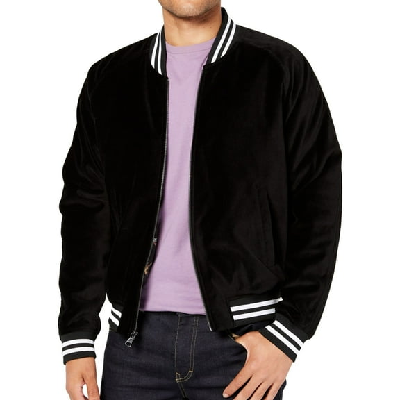 Tallia Mens Velvet Embroidered Bomber Jacket, Black, Medium