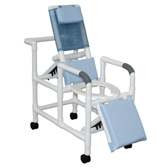 MJM International Reclining shower chair 15" internal width, deluxe elongated open front commode seat and elevated leg extension, 300 lbs weight capacity