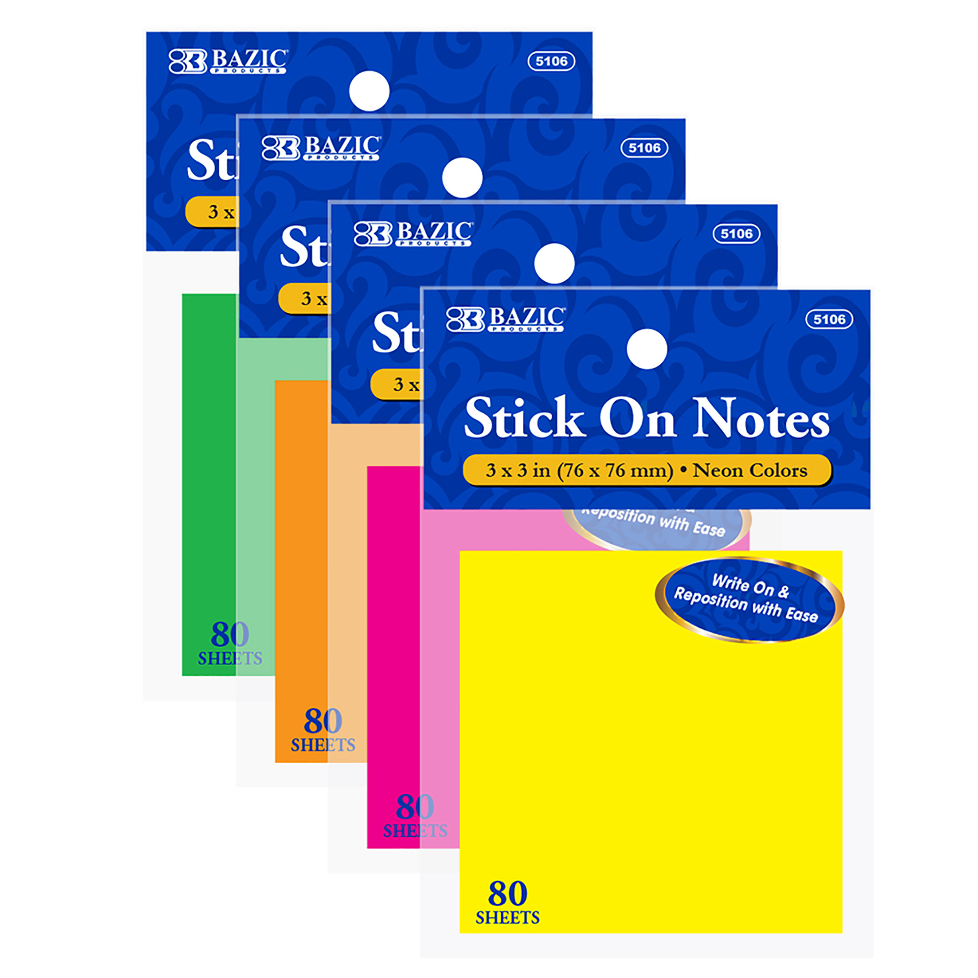 BAZIC Sticky Notes 3x3 Neon Assorted Colors Post Stickies Self Stick 