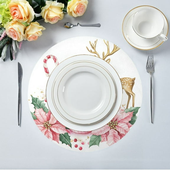 15.4" Round Placemat Set of 1 Polyester Fabric Place Mats Non-Slip Dining Kitchen Table Mats for Kitchen Party Decor Pink Christmas-themed