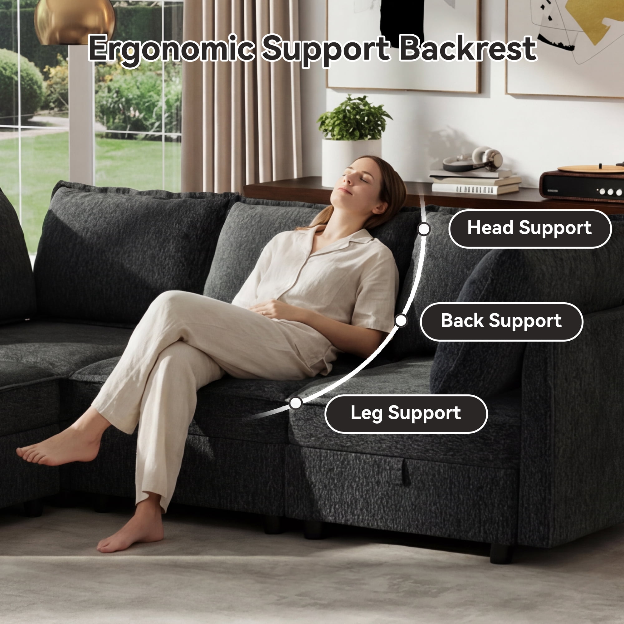 BedLuxury 97" Modular Sectional Sofa with Storage, U-Shaped Modern Sofa Couch with Movable Ottomans for Living Room, Office,Dark Gray