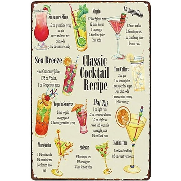 Original Vintage Design Classic Cocktail Recipe Tin Metal Sign Wall Art, Thick Tinplate Print Poster Wall Decoration For Bar/Kitchen (Cocktail recipe, 8x12 Inches (20x30 CM))