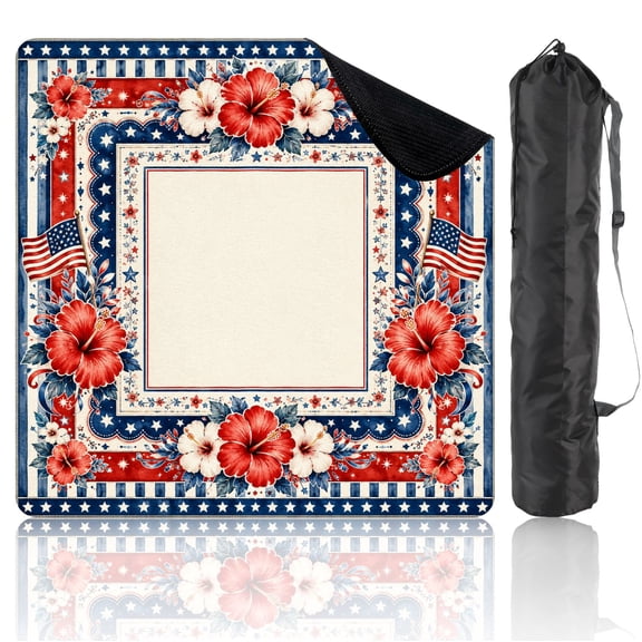 Mahjong Mat 31.5" x 31.5" Patriotic Floral Border Frame American Flags Red White Blue Hibiscus Non-Slip Noise Reduction Mahjong Accessories Gifts for Board and Tile Games
