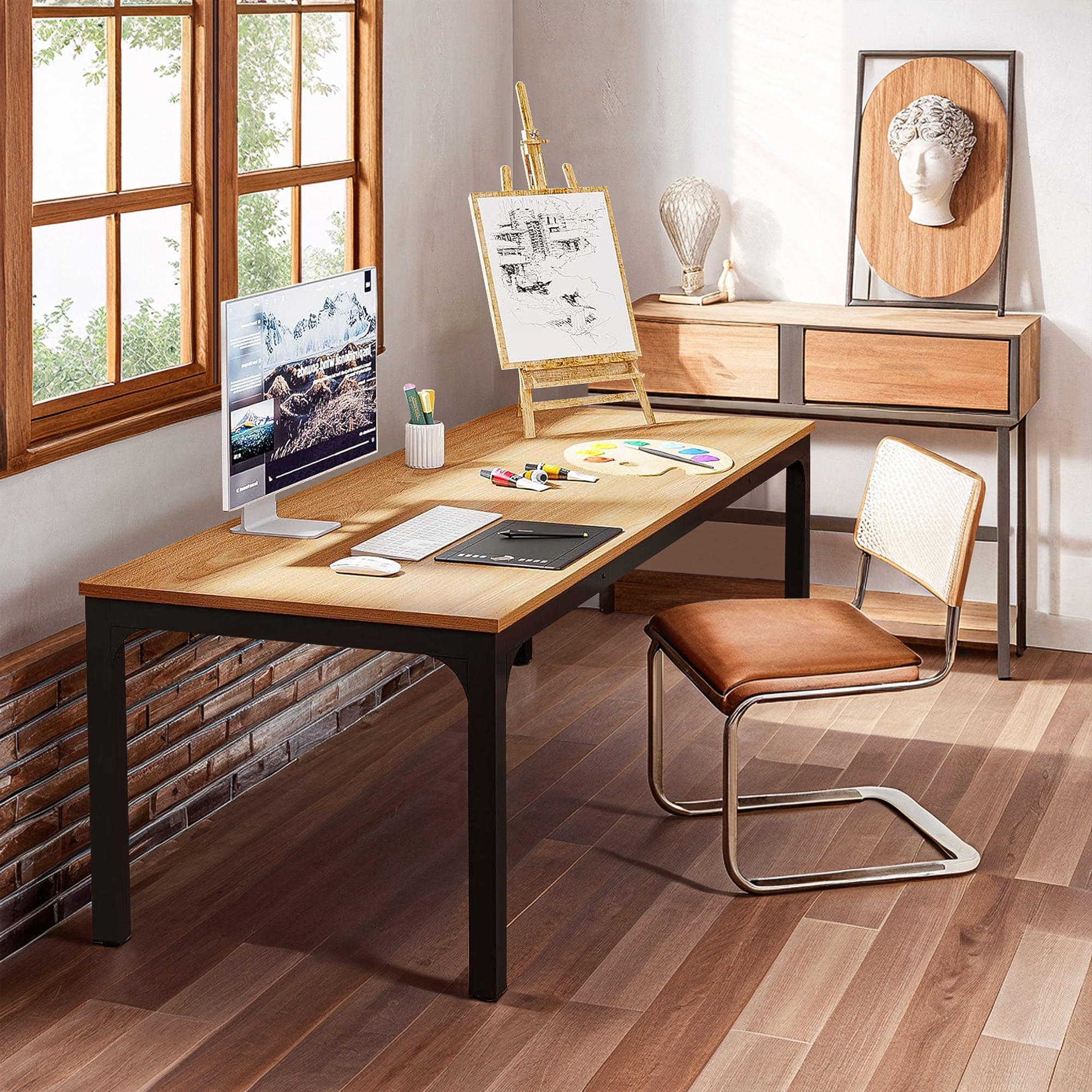 Demi Bonn 78" Farmhouse Dining Table, Wood Rustic Kitchen Table for 8 People, Large Rectangular Dinner Table for Dining Room, Home Office, Living Room Furniture, Beige