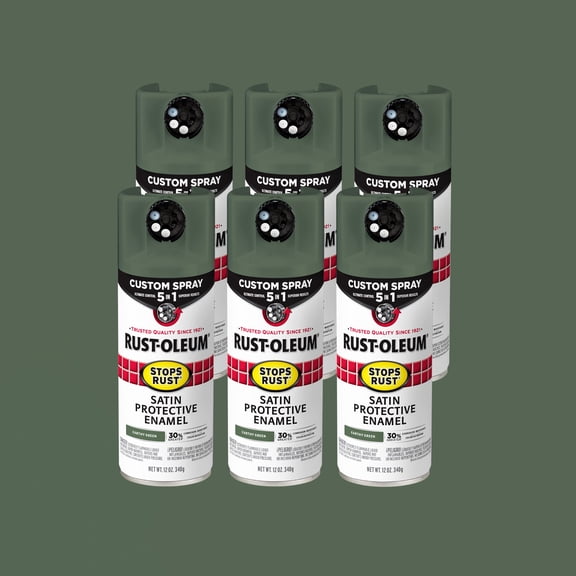 6 Pack, Earthy Green, Rust-Oleum Stops Rust Custom Spray 5 in 1 Satin Spray Paint-383421, 12 oz