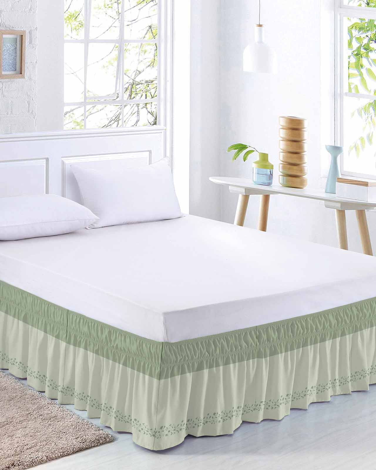Spring Leaf Bed Skirt Queen Size 18 Inch Drop, Spring Sage Green Leaf Branch Plant Green Background Adjustable Elastic Dust Ruffles Bedskirt for Queen Bed Wrap Around Pleated Mattress Frame Cover