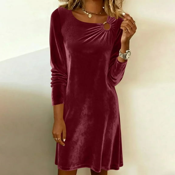 Roncen Velvet Cowl Neck Dress for Women, Long Sleeve Draped V-Neck Dress, Relaxed Fit Soft Velour Midi Dress