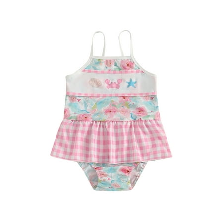 

aturustex Toddler Girls Rash Guard Swimsuit 3M 6M 12M 18M 2T 3T Infant Sleeveless Camisole Overalls Bathing Suits Flowers Crab Plaid Pattern Suspenderars Fashion Casual Beachwear for Holiday