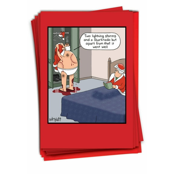 12 Funny Merry Christmas Cards Pack (1 Design, 12 Cards) - Santa Sharknado