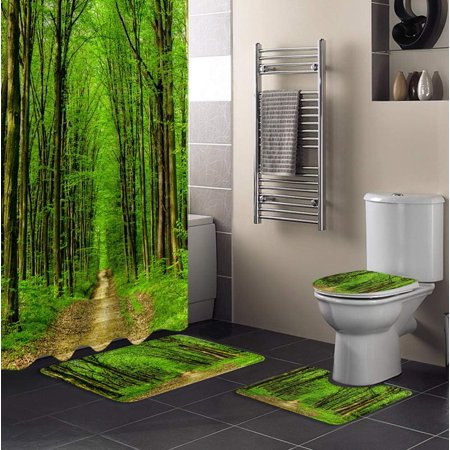 ZHANZZK Tree 4 Piece Bathroom Set Shower Curtain Bath Rug Contour Mat and Toilet Lid Cover