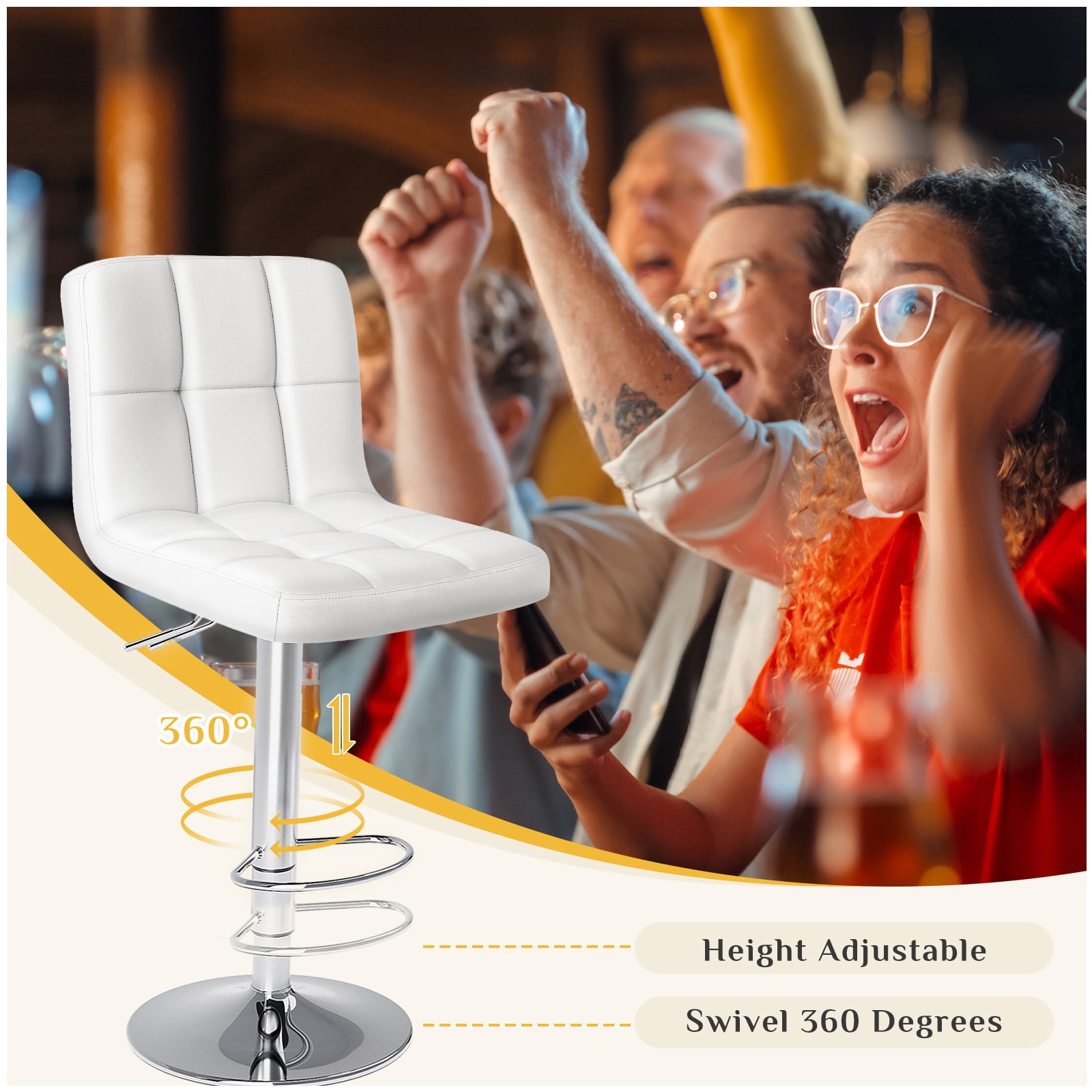 JIOABL Bar Stools Set of 2, Armless Adjustable Swivel Barstools, PU Leather Hydraulic Kitchen Counter Height Bar Stools, Thickened Seat Cushion Square Island Barstools with Back, White