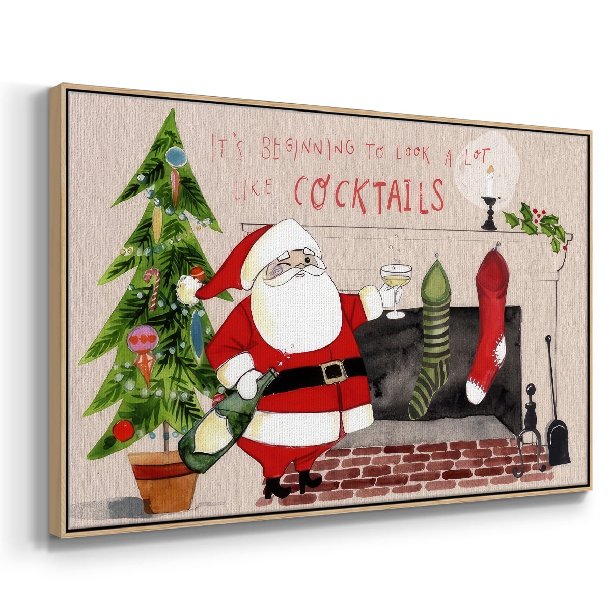 Get Blitzened Collection A - Framed Gallery Wrapped Holiday Canvas - 17 x 25 - Natural Wood Frame