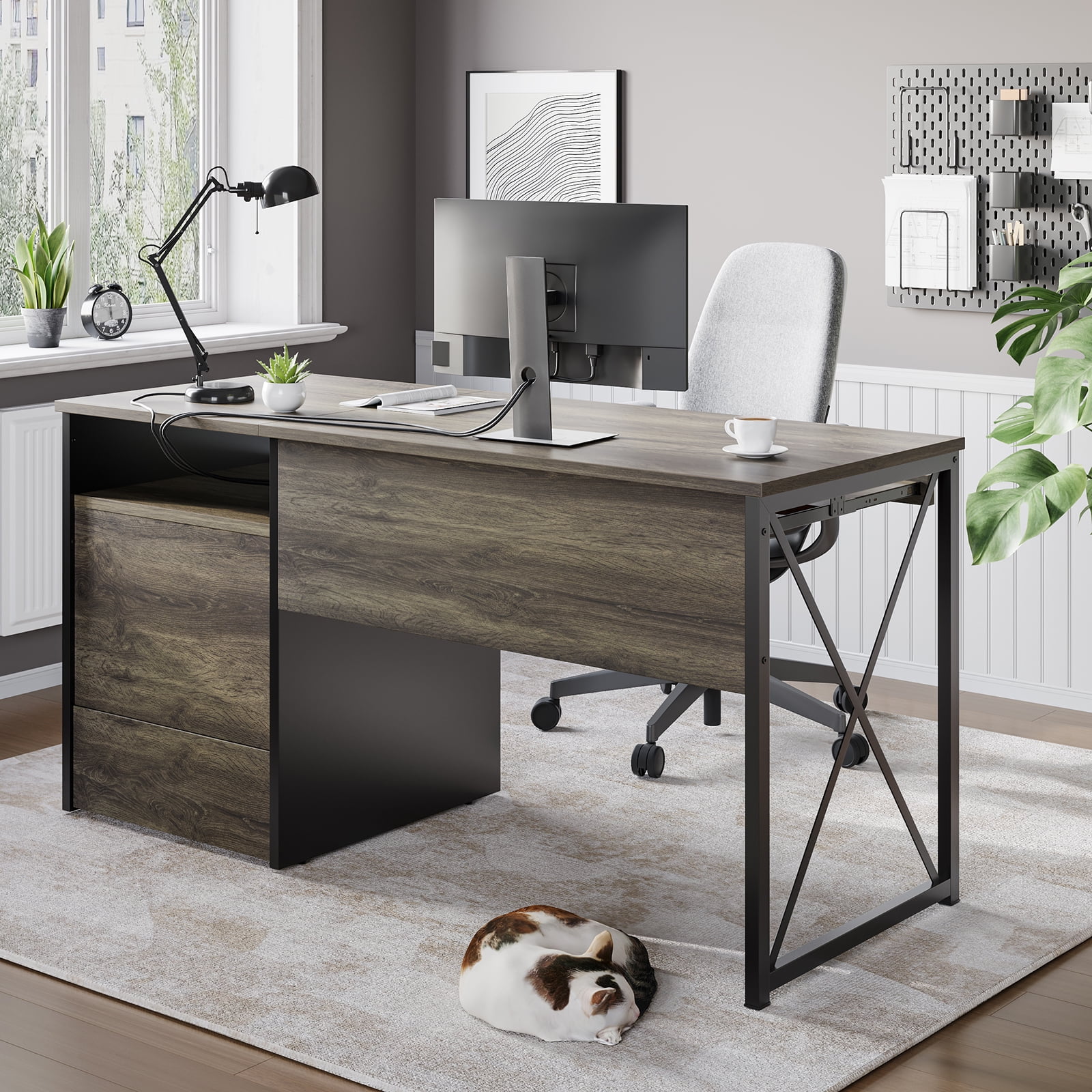 Bestier 55 inch Computer Desk with Drawers & Keyboard Tray & File Cabinet Home Office Desk in Grey