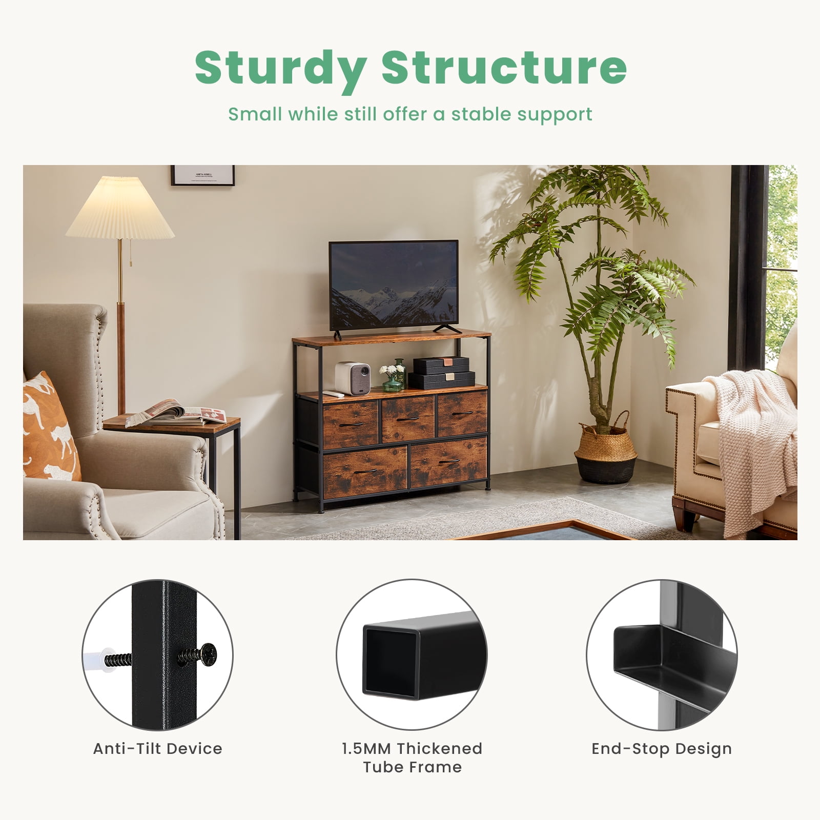 GIANNA TV Cabinet Stand with 5 Fabric Drawers, Adjustable Feet for Bedroom, Rustic Brown