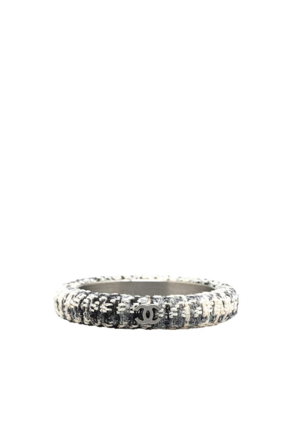 Pre-Owned Chanel Coco Mark Bangle in White, Gray, Black, Tweed, and Metal. Women's.