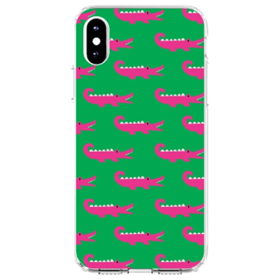 DistinctInk Clear Shockproof Hybrid Case for iPhone XR (6.1" Screen) - TPU Bumper, Acrylic Back, Tempered Glass Screen Protector - Green Pink Alligators - Cartoon Alligators