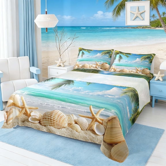 Manfei Beach Seashell Starfish Palm Tree Full Size Sheets for Kids Boys and Girls, Marine Life Print Bed Sheets 4-Piece, 1 Flat Sheet, 1 Fitted Sheet and 2 Pillowcases
