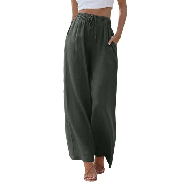 Women's High Waisted Wide Leg Pants - Fashionable Drawstring Elastic Trousers, Comfortable Straight Leg with Pockets, Polyester, All - Season, Multiple Sizes