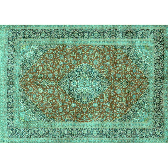 Ahgly Company Machine Washable Indoor Rectangle Medallion Turquoise Blue Traditional Area Rugs, 6' x 9'