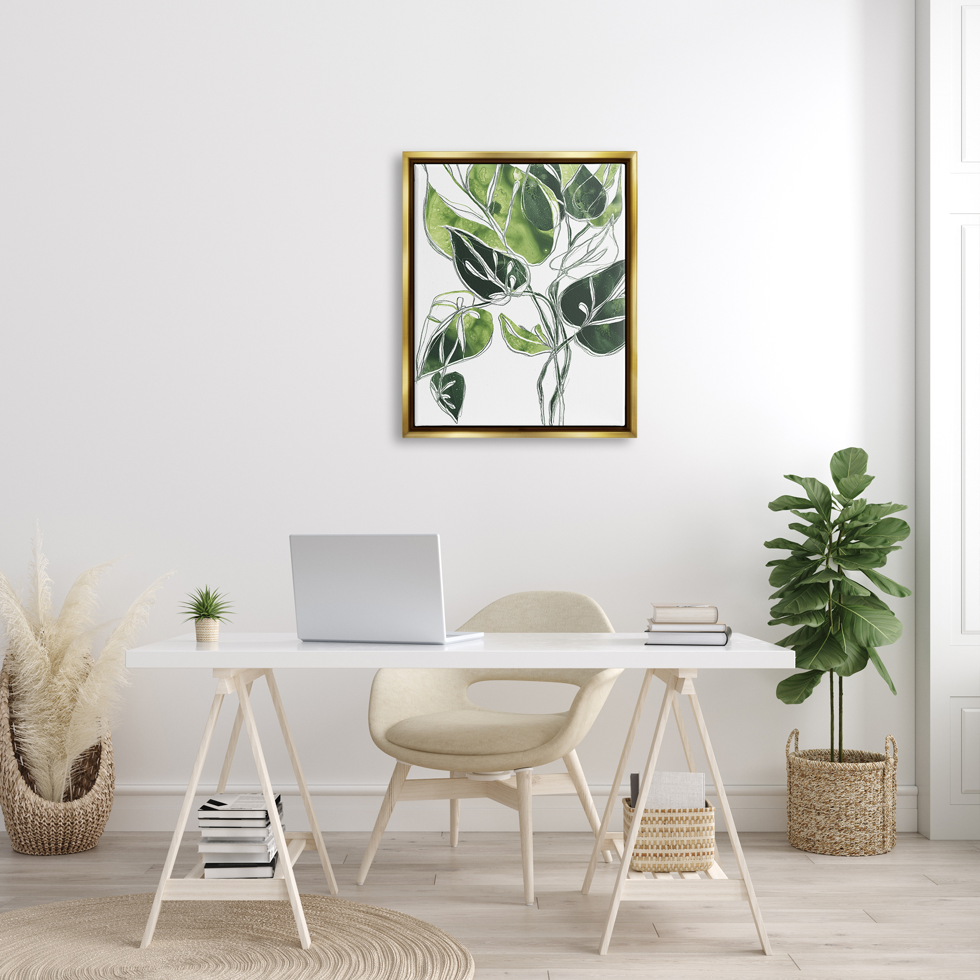 Stupell Industries Intricate Palm Vines Unique Green Leaves Metallic Gold Framed Floating Canvas Wall Art, 24x30, by June Erica Vess