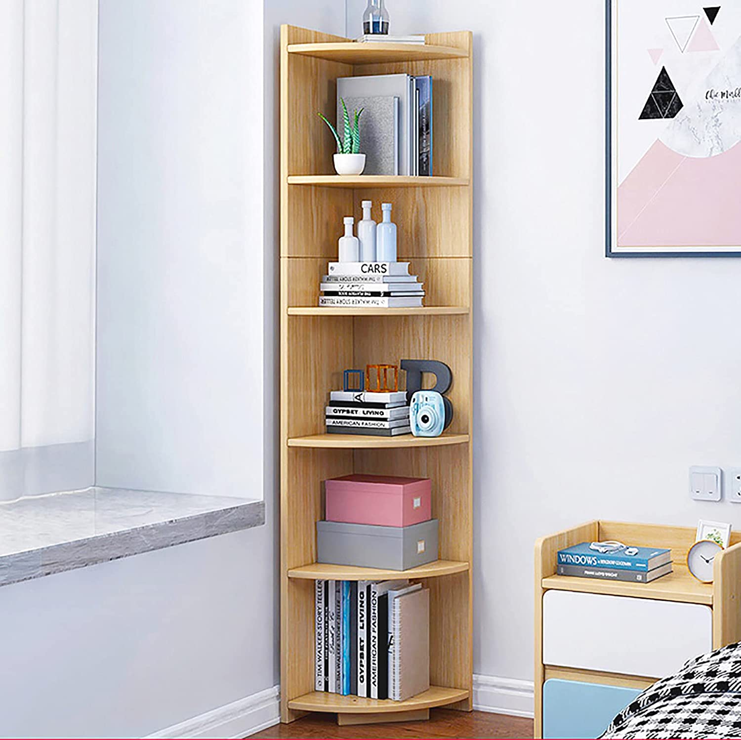 Wood Bookshelf for Small Spaces,Tall Corner Shelf Bookcase,Multipurpose  Display Storage Rack for Home Office Furniture Storage Organizer Plant  StandD 30x30x180cm(12x12x71inch)