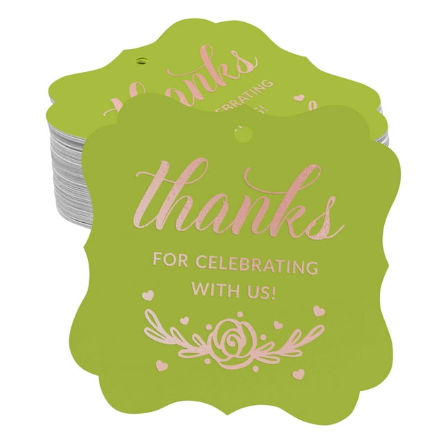 Inkdotpot Pack Of 100 Thanks For Celebrating With Us Bridal Shower-Baby Shower-Retirement-Wedding-Birthday Paper Tags DIY Craft Bracket Shape Real Rose Gold Foil Hang Tags