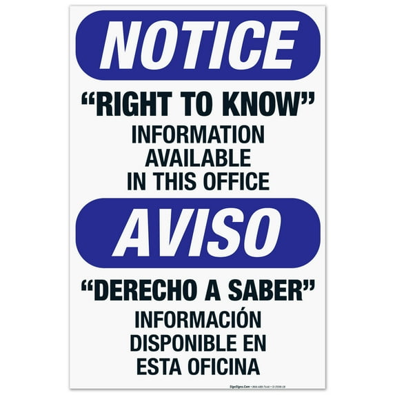 Right To Know Information Available Upon Request Bilingual Sign, OSHA Notice Sign, 24x36 Corrugated Plastic