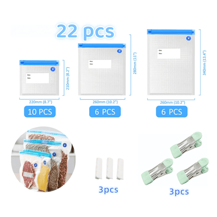 Vacuum Storage Bags 22-Pack, 3-Size Reusable Sous Vide Bags with Clips, BPA-Free Food Saver