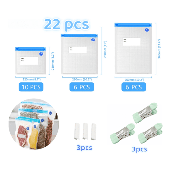 Vacuum Storage Bags 22-Pack, 3-Size Reusable Sous Vide Bags with Clips, BPA-Free Food Saver