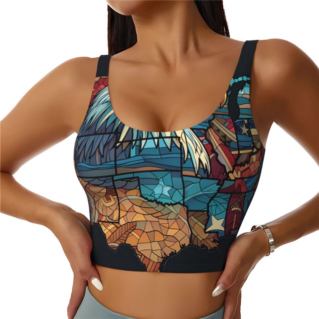 Fotbe Stained Glass Eagle USA Sujetador Deportivo Largo sin Aros para Mujer con Almohadillas y Soporte Medio, Transpirable y Absorbente, Camiseta Tipo Chaleco o Tank Top-X-Large