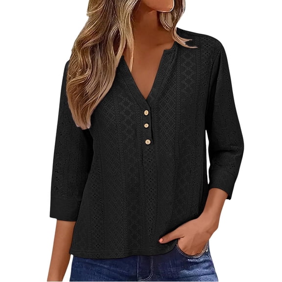 Womens Tops 3/4 Sleeve Dressy Casual Blouses with Buttons Summer Eyelet Business Shirts Tunics 2026 Spring Clothes Black 5XL