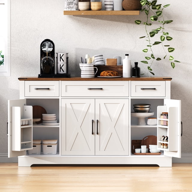 REDSASA 55" Buffet Cabinet with Door Shelves, Farmhouse Kitchen Buffet Sideboard with Drawers, Large Coffee Bar Station with Adjustable Shelves, Storage Cabinet for Kitchen/Dining/Living Room, White