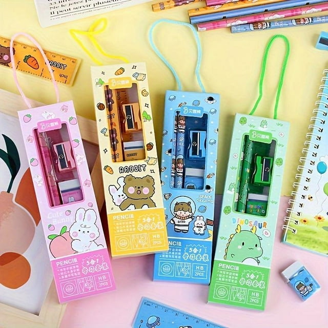 5pcs School Essentials Set - Includes 2 Pencils, Eraser, Sharpener & Ruler In Portable Gift Box - Perfect For Back To School & Graduation Gifts
