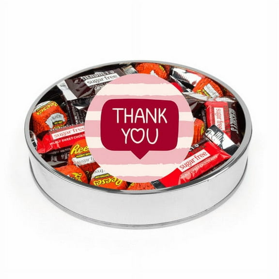 Valentine's Day Sugar Free Chocolate Gift Tin Large Plastic Tin with Sticker and Hershey's Candy & Reese's Mix - Thank You Gift - By Just Candy