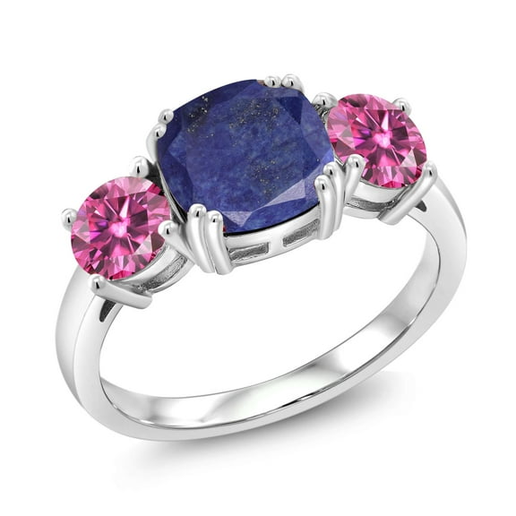 Gem Stone King 925 Sterling Silver Blue Lapis and Pink Moissanite 3 Stone Engagement Ring for Women (3.00 Cttw, Gemstone, Cushion 8MM, Size 5)