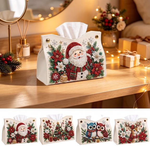 Christmas Tissue Box Cover 9.4", 5D Diamond Art Kits for Adults, DIY Santa Claus Tissue Holder, Christmas Gift