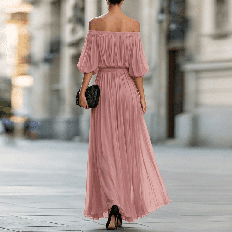 JULMCOMO Chiffon Wedding Guest Dresses for Women Off Shoulder Puff Half Sleeve Maxi Dresses Elastic Waisted Flowy Evening Sundresses Pink 2XL