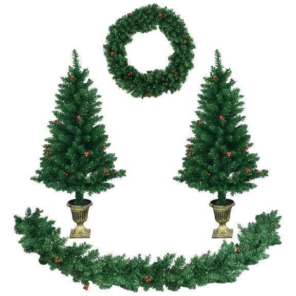LYYHTY Pre-lit Artificial Christmas Decoration Set, Includes 2 Pcs 4FT Entrance Trees   9FT Garland   24" Wreath, 200 LED Lights Green Christmas Decor​