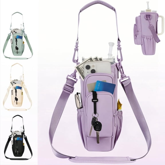 Insulated Water Bottle Carrier Bag with 4 Pocket for 30/40oz Tumbler with Handle, Water Bottle Sleeve Bag with Strap,Straw Cover,Holder Pouch for Men Women Hiking Camping Travel Gym(Purple Bag)
