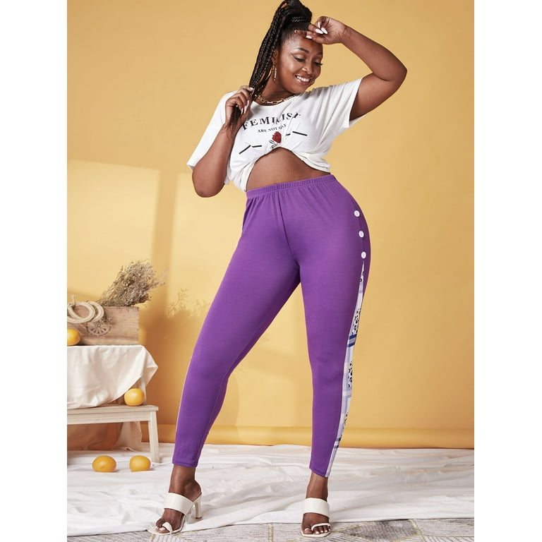 Rosegal for Women Leisure Plus Size Patchwork Printed Leggings Purple 3XL 