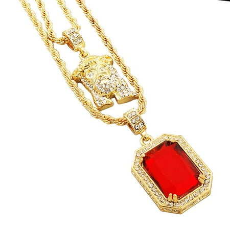 Octagon Prism Chandelier Chain - Gold-Tone Men's Iced Out Hip Hop Bling 2 Piece Jesus Head Red Octagon Pendant 3mm Solid Rope Chain Set