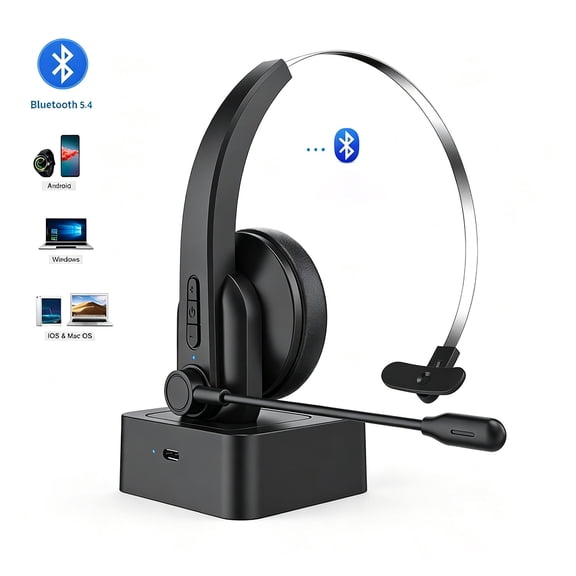 Liwantech Wireless Headset with Mic for Work, Bluetooth Headset with Noise Cancelling Microphone, Single Ear Office Headphones with Charging Base, Compatible with PC/Mac/iOS/Android