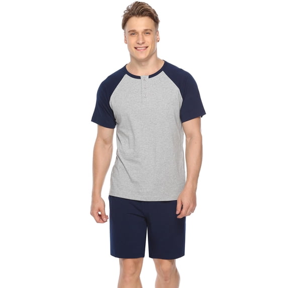 Purcoar Sykooria Men's 100% Cotton Pajama Set 2 Pcs Summer Crewneck Short Sleeve Raglan Pjs Sleepwear(Grey-blue,Large)