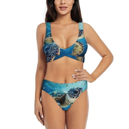 Zeuib Watercolor Turtle High Waisted Tummy Control Bikini Set - Knot Front Push Up Top & Cheeky Thong Bottom  Two-Piece Swimsuit for Women-XX-Large